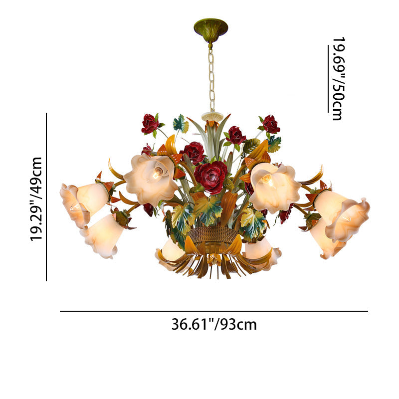 Elegant French Rose Chandelier with Iron Frame & Glass Shade for Living Room