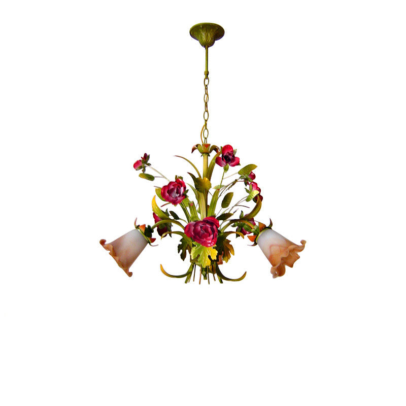 Elegant French Rose Chandelier with Iron Frame & Glass Shade for Living Room