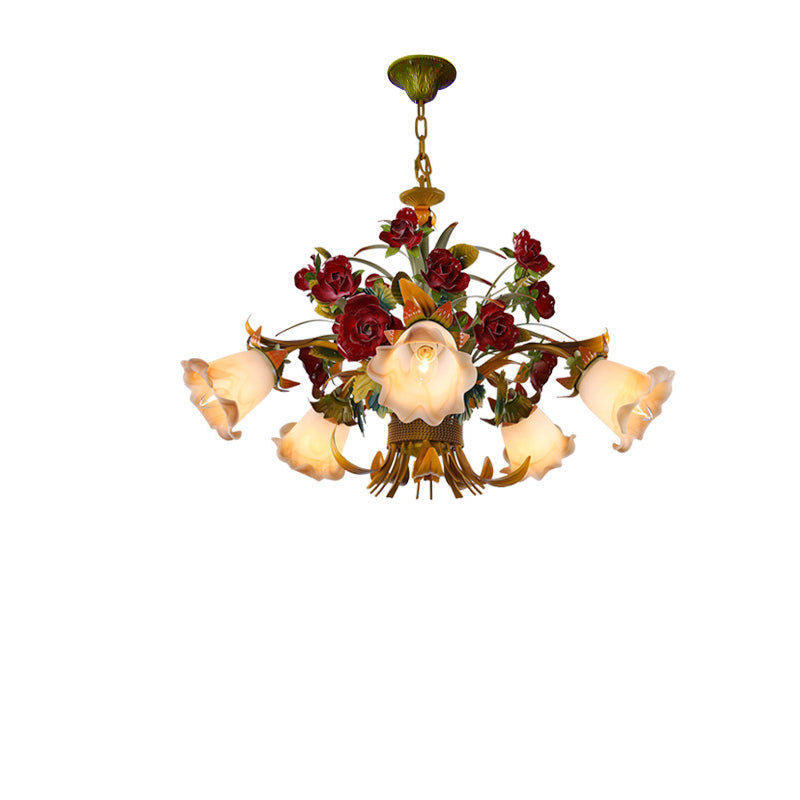 Elegant French Rose Chandelier with Iron Frame & Glass Shade for Living Room