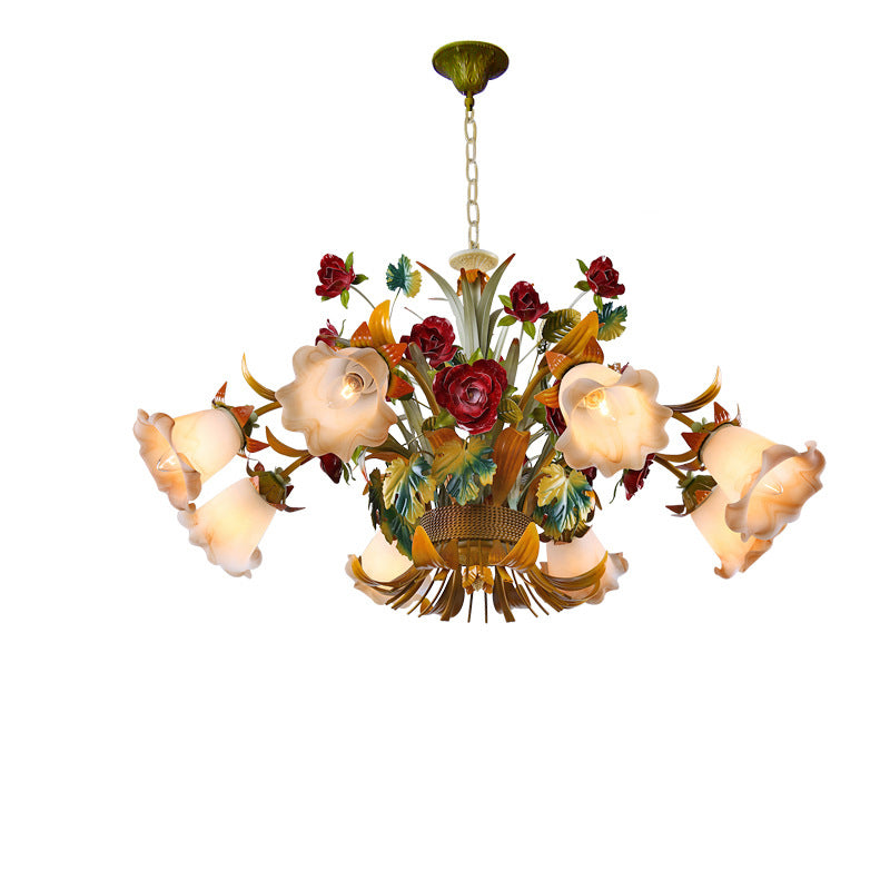 Elegant French Rose Chandelier with Iron Frame & Glass Shade for Living Room