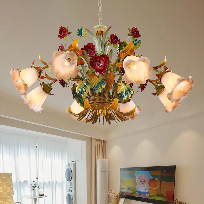 Elegant French Rose Chandelier with Iron Frame & Glass Shade for Living Room
