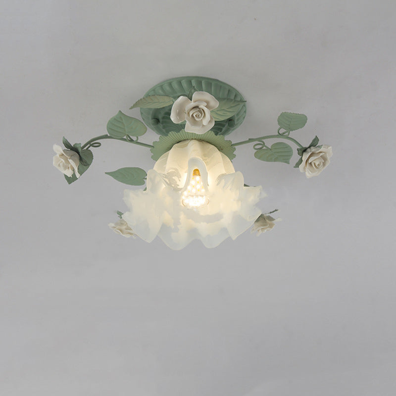 Vintage French Bellflower Iron Ceramic Glass Shade Semi-Flush Light for Living Room