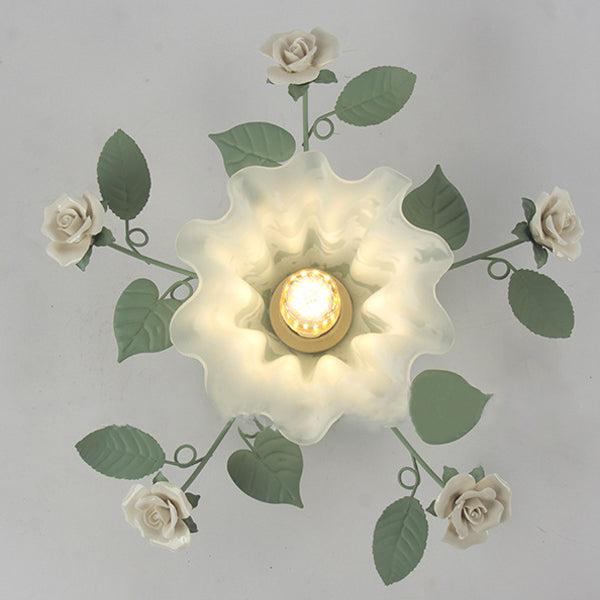 Vintage French Bellflower Iron Ceramic Glass Shade Semi-Flush Light for Living Room
