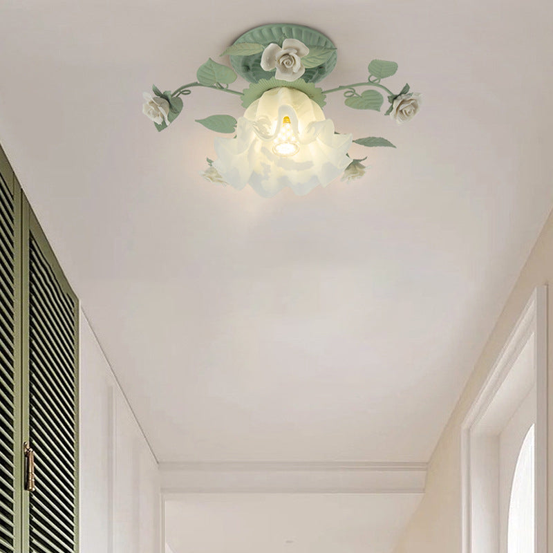 Vintage French Bellflower Iron Ceramic Glass Shade Semi-Flush Light for Living Room