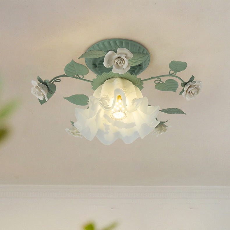 Vintage French Bellflower Iron Ceramic Glass Shade Semi-Flush Light for Living Room