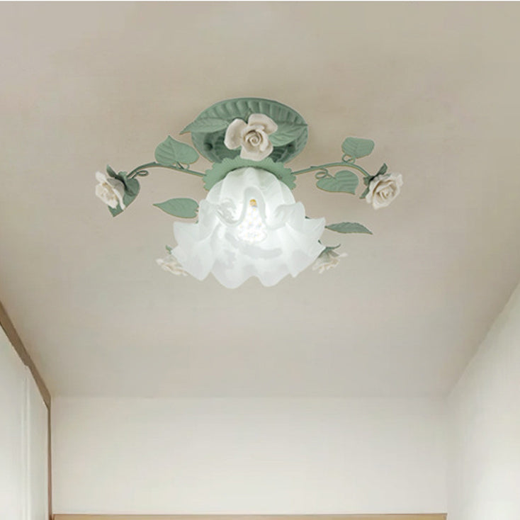 Vintage French Bellflower Iron Ceramic Glass Shade Semi-Flush Light for Living Room