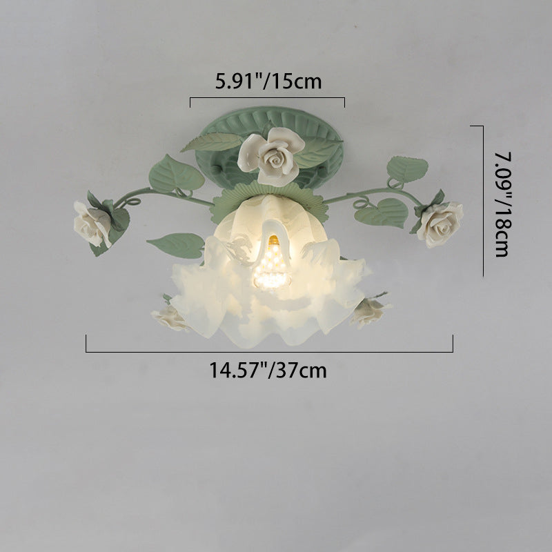 Vintage French Bellflower Iron Ceramic Glass Shade Semi-Flush Light for Living Room