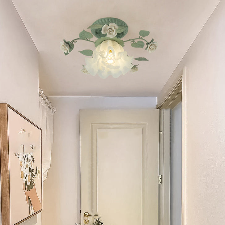 Vintage French Bellflower Iron Ceramic Glass Shade Semi-Flush Light for Living Room