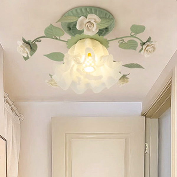 Vintage French Bellflower Iron Ceramic Glass Shade Semi-Flush Light for Living Room