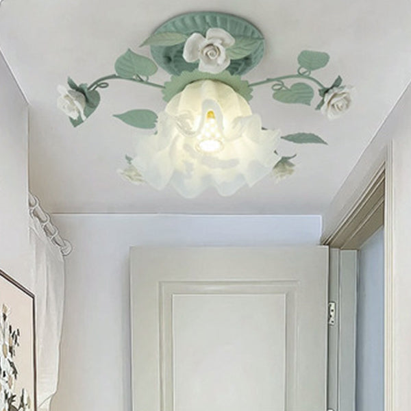 Vintage French Bellflower Iron Ceramic Glass Shade Semi-Flush Light for Living Room