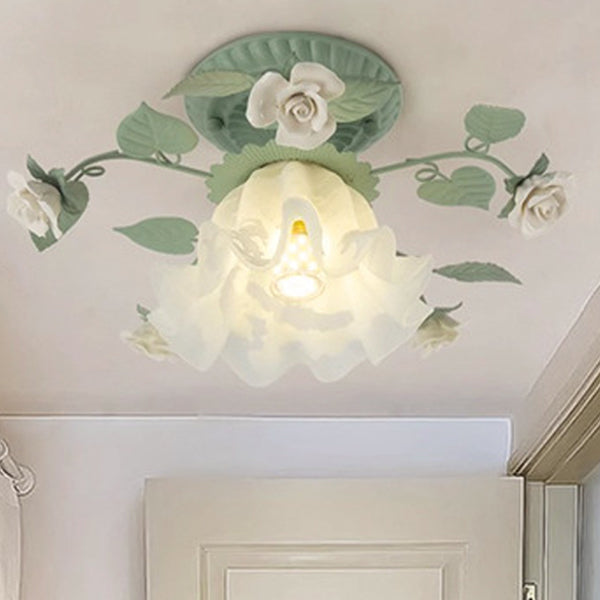 Vintage French Bellflower Iron Ceramic Glass Shade Semi-Flush Light for Living Room