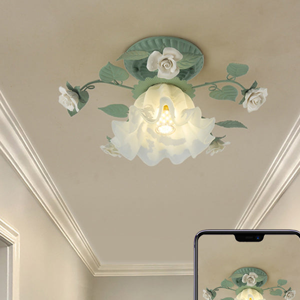 Vintage French Bellflower Iron Ceramic Glass Shade Semi-Flush Light for Living Room