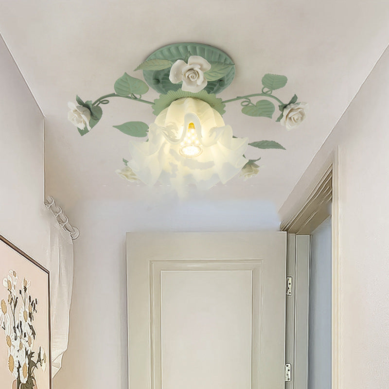 Vintage French Bellflower Iron Ceramic Glass Shade Semi-Flush Light for Living Room