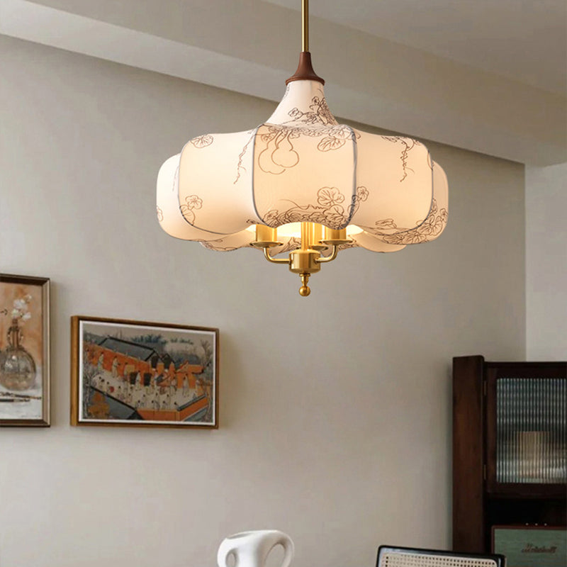 Rustic French Floral Fabric Chandelier with Wood Accents for Living Room