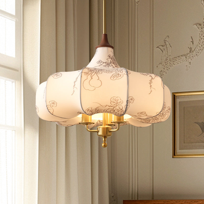 Rustic French Floral Fabric Chandelier with Wood Accents for Living Room