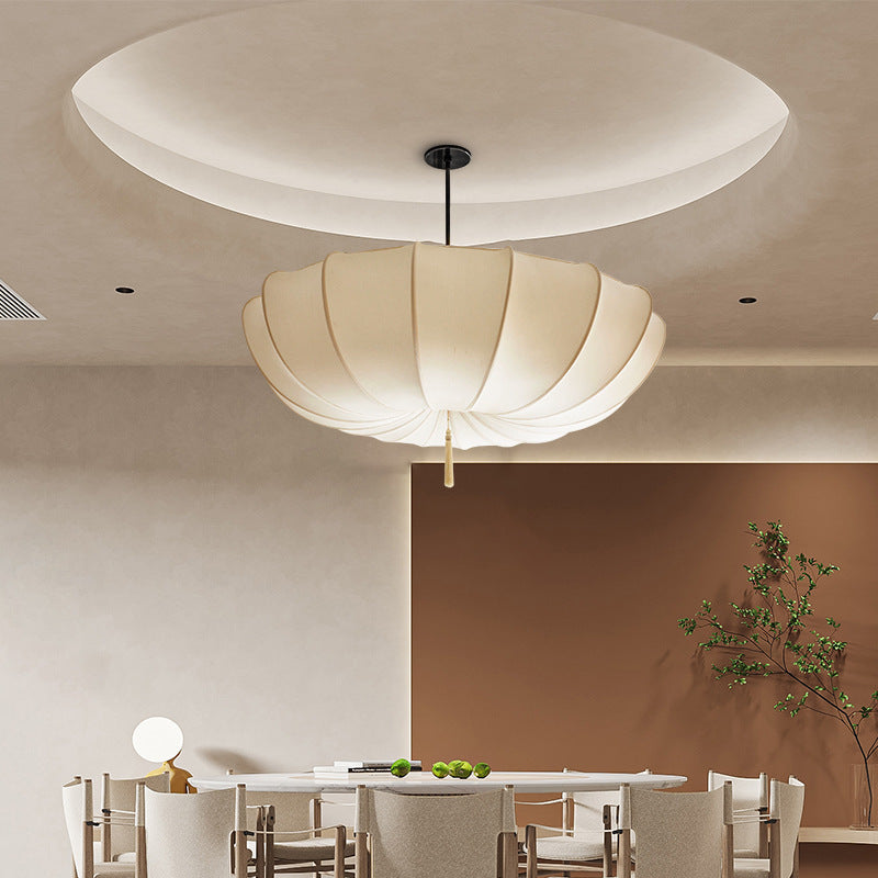 Rustic Japanese Round Iron Frame Fabric Shade Chandelier for Living Room