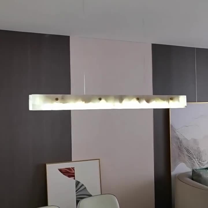 Modern Black Iron Stone LED Rectangle Chandelier for Dining Room