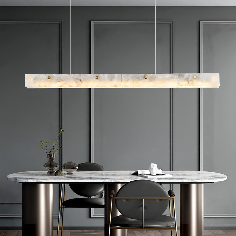 Modern Black Iron Stone LED Rectangle Chandelier for Dining Room