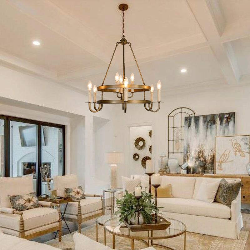 Rustic Round Iron 9-Light Chandelier for Living Room & Entryway Decor