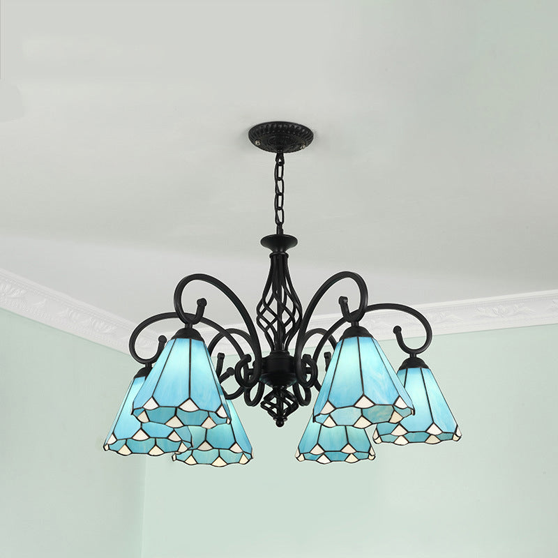 Rustic Tiffany Style Conical Stained Glass Chandelier for Living Room