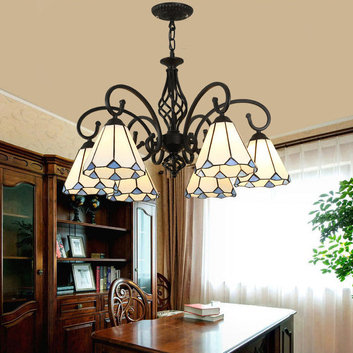 Rustic Tiffany Style Conical Stained Glass Chandelier for Living Room
