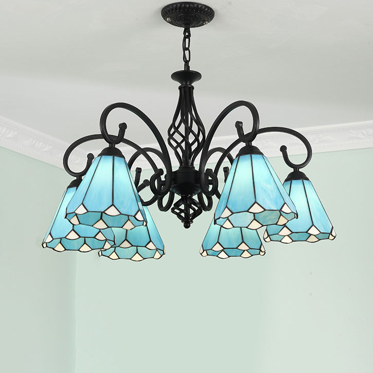 Rustic Tiffany Style Conical Stained Glass Chandelier for Living Room