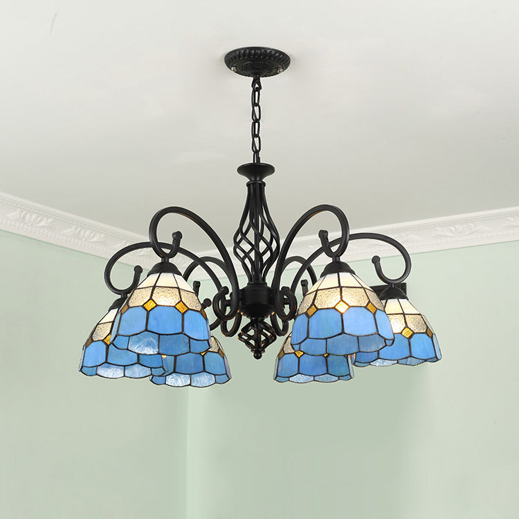 Rustic Tiffany Style Conical Stained Glass Chandelier for Living Room