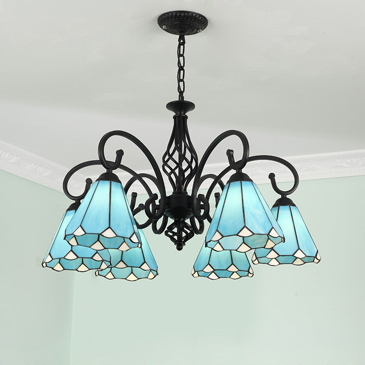 Rustic Tiffany Style Conical Stained Glass Chandelier for Living Room