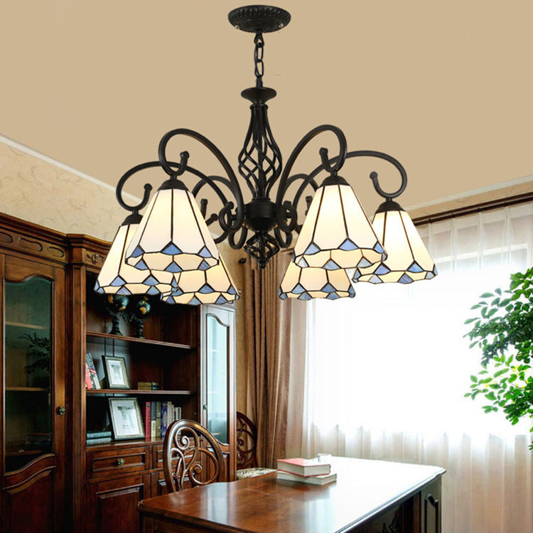 Rustic Tiffany Style Conical Stained Glass Chandelier for Living Room