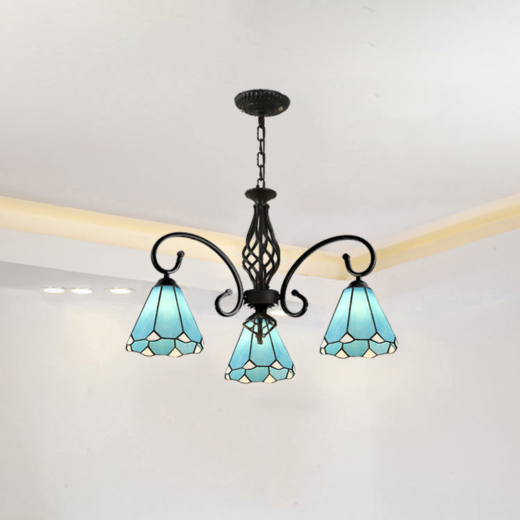 Rustic Tiffany Style Conical Stained Glass Chandelier for Living Room