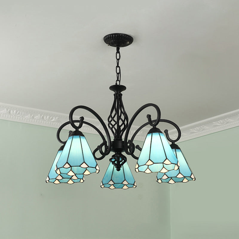 Rustic Tiffany Style Conical Stained Glass Chandelier for Living Room