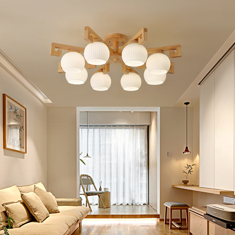 Elegant Traditional Solid Wood & Striped Glass 5-Light Chandelier for Living Room