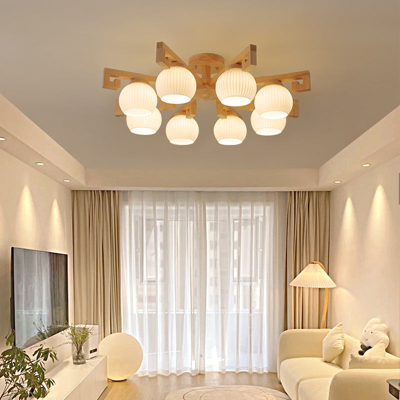 Elegant Traditional Solid Wood & Striped Glass 5-Light Chandelier for Living Room