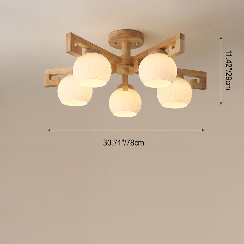 Elegant Traditional Solid Wood & Striped Glass 5-Light Chandelier for Living Room