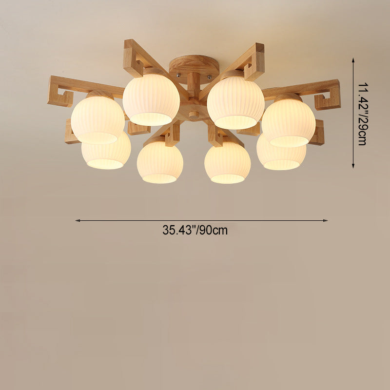 Elegant Traditional Solid Wood & Striped Glass 5-Light Chandelier for Living Room
