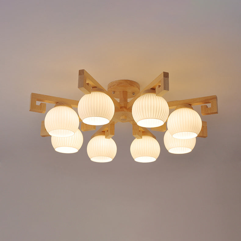Elegant Traditional Solid Wood & Striped Glass 5-Light Chandelier for Living Room