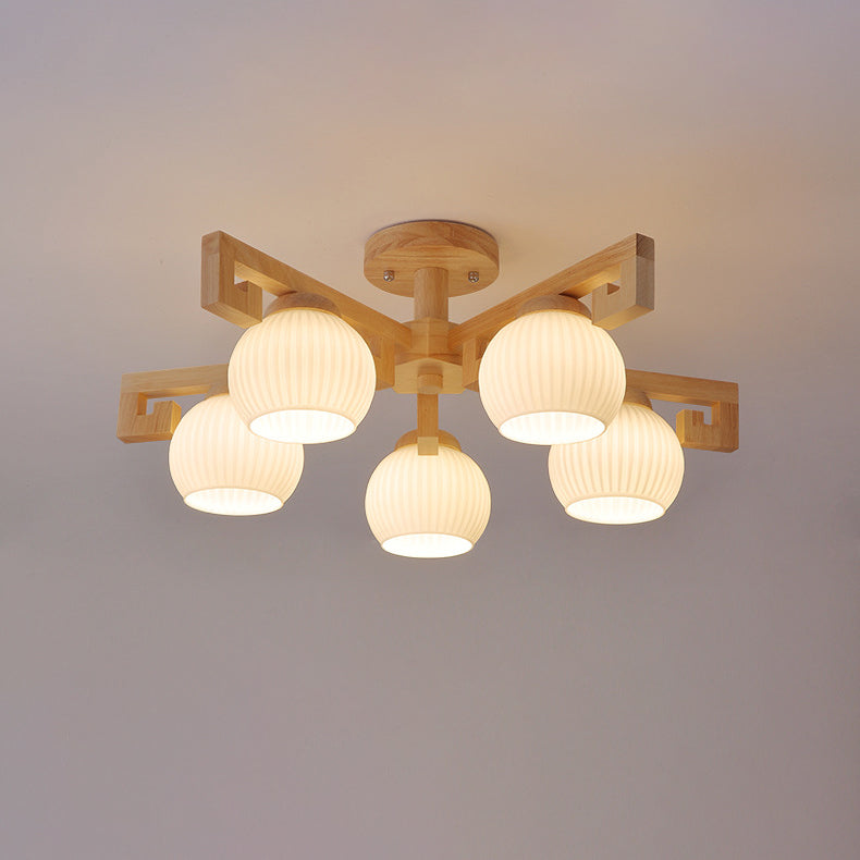 Elegant Traditional Solid Wood & Striped Glass 5-Light Chandelier for Living Room