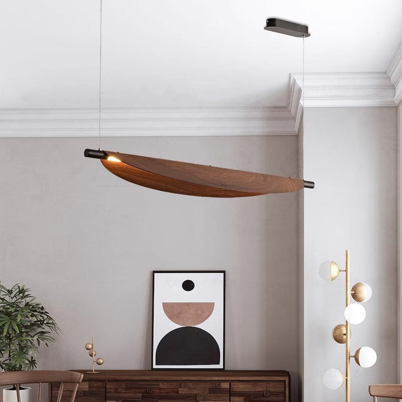 Modern Walnut Wood Grain Leaf Shaped LED Chandelier for Living Room