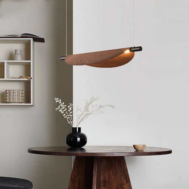 Modern Walnut Wood Grain Leaf Shaped LED Chandelier for Living Room