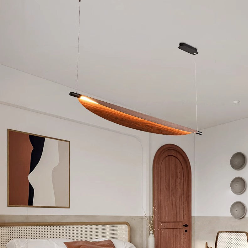 Modern Walnut Wood Grain Leaf Shaped LED Chandelier for Living Room
