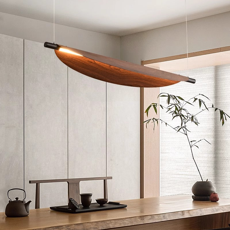 Modern Walnut Wood Grain Leaf Shaped LED Chandelier for Living Room