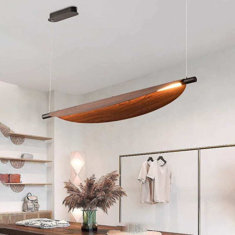 Modern Walnut Wood Grain Leaf Shaped LED Chandelier for Living Room