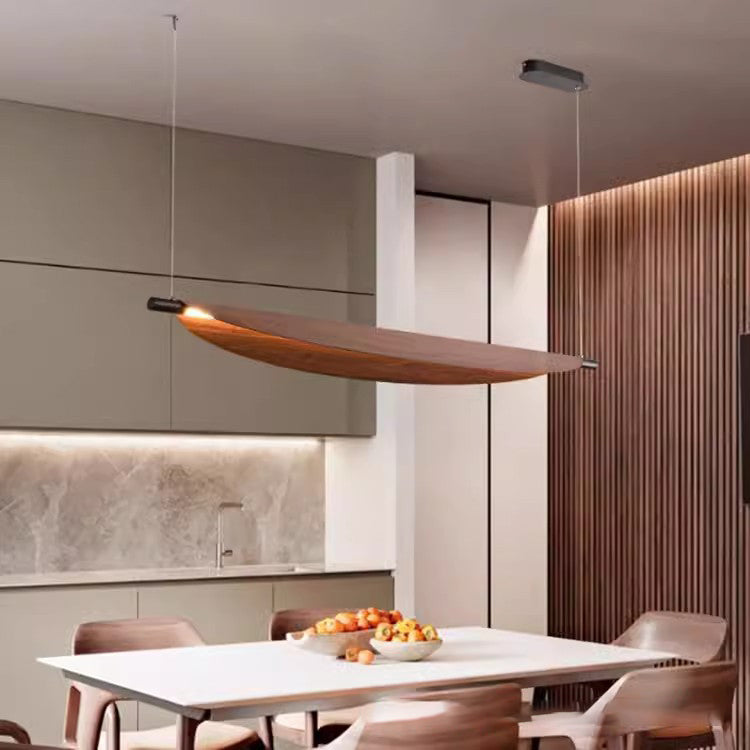 Modern Walnut Wood Grain Leaf Shaped LED Chandelier for Living Room