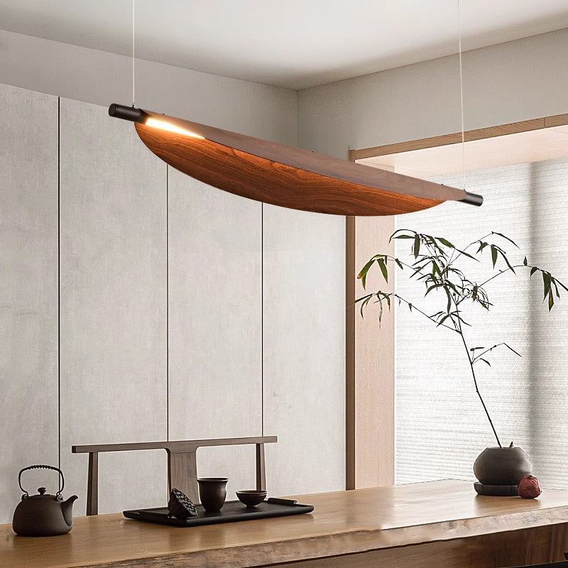 Modern Walnut Wood Grain Leaf Shaped LED Chandelier for Living Room
