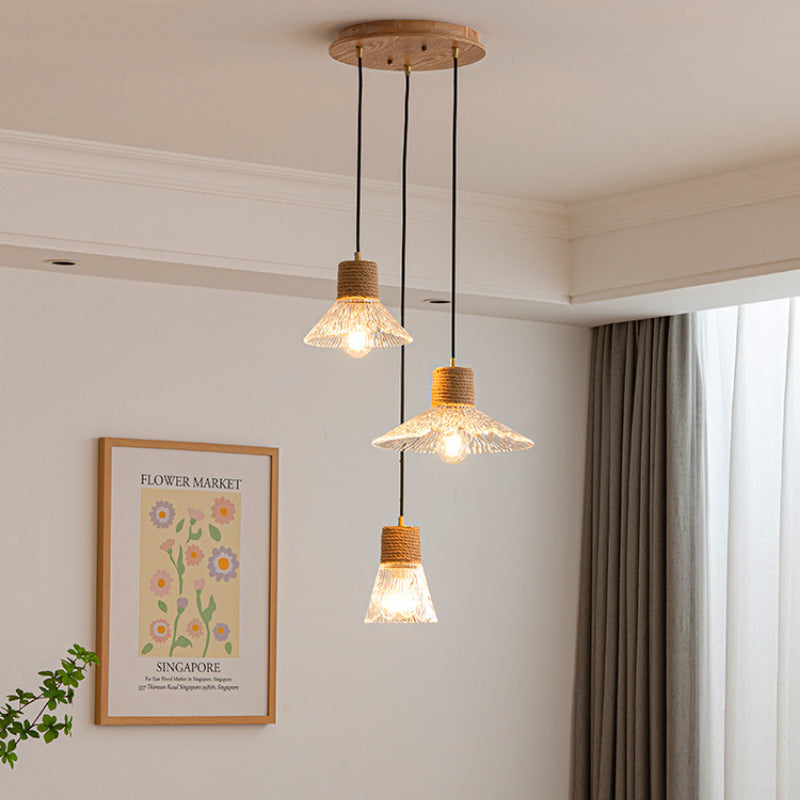 Nordic Style Round 3-Light Conical Glass Chandelier with Hemp Rope for Living Room