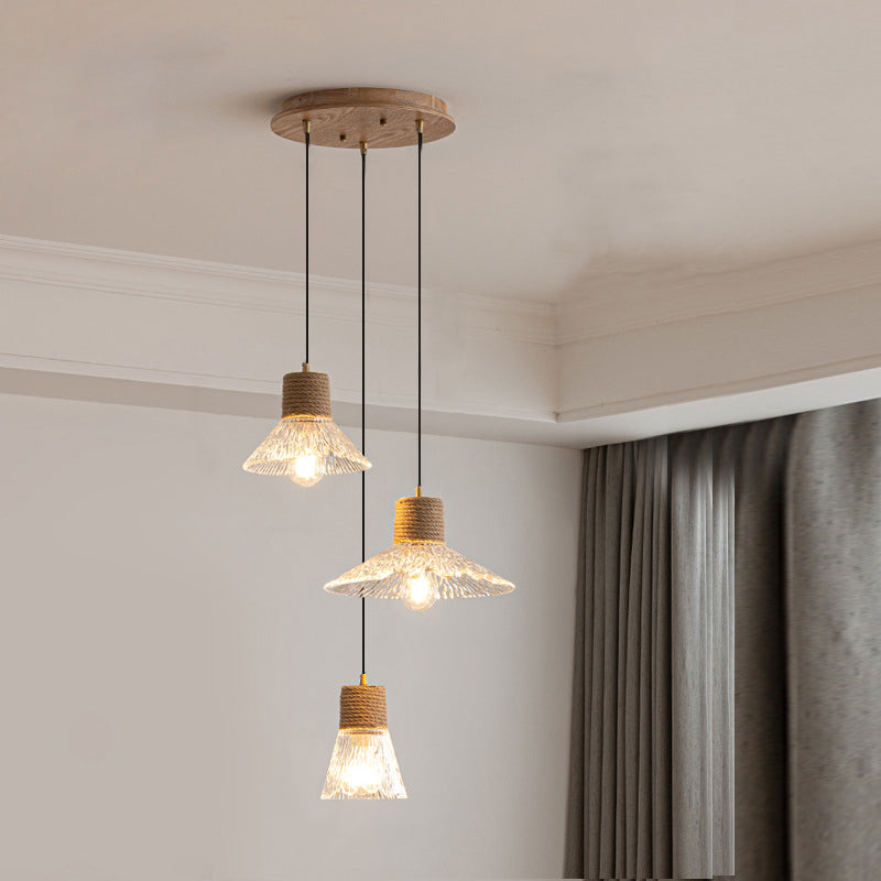 Nordic Style Round 3-Light Conical Glass Chandelier with Hemp Rope for Living Room