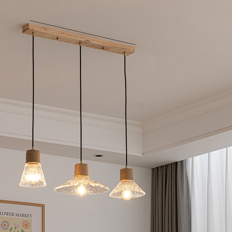 Nordic Style Round 3-Light Conical Glass Chandelier with Hemp Rope for Living Room