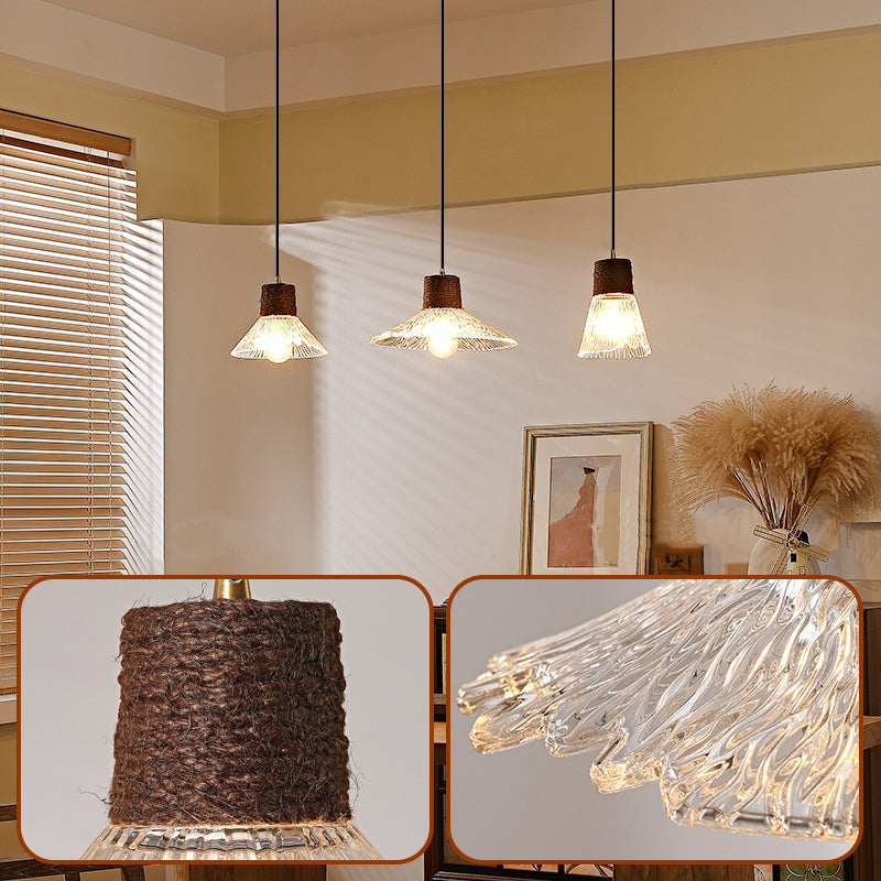 Nordic Style Round 3-Light Conical Glass Chandelier with Hemp Rope for Living Room