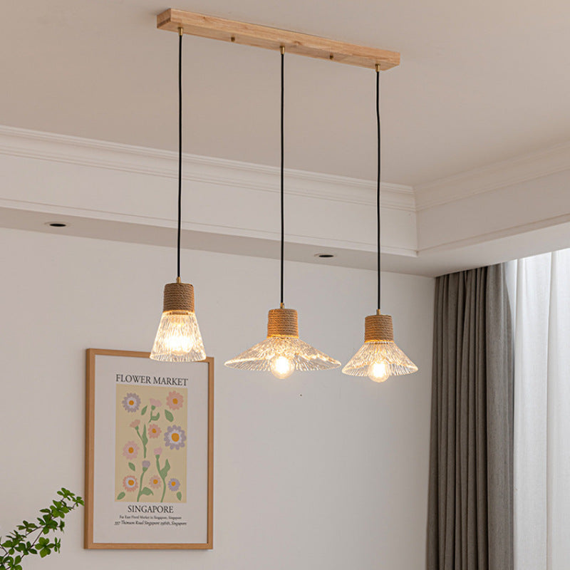 Nordic Style Round 3-Light Conical Glass Chandelier with Hemp Rope for Living Room