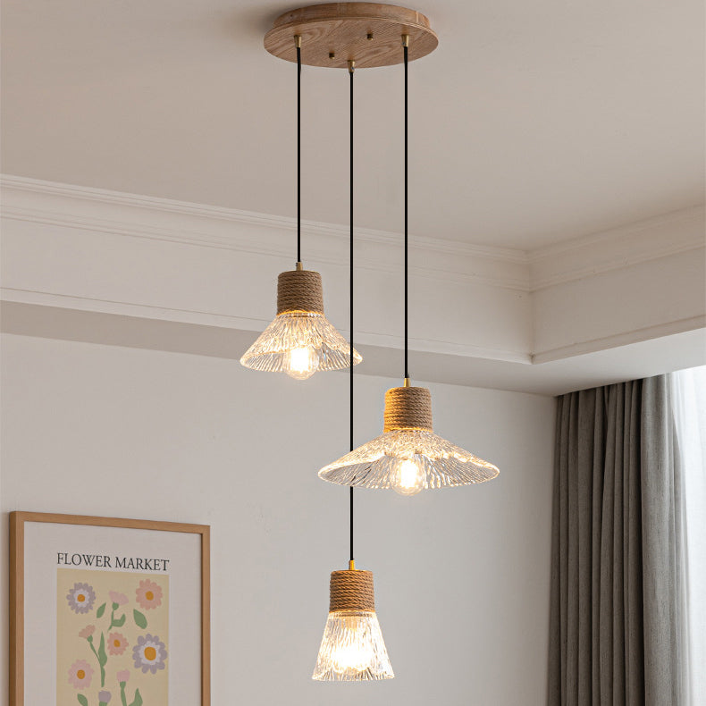 Nordic Style Round 3-Light Conical Glass Chandelier with Hemp Rope for Living Room